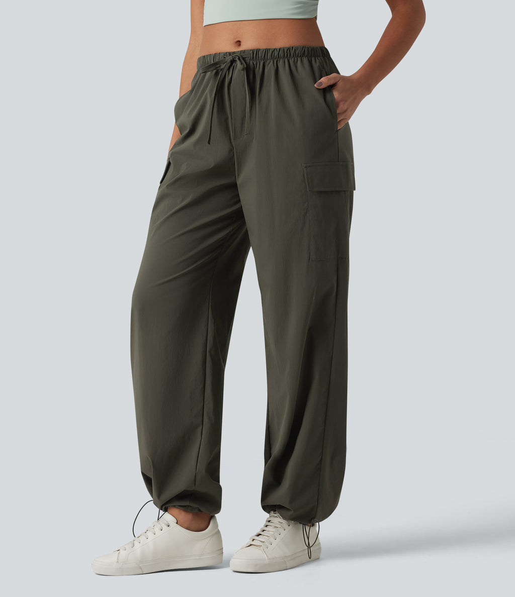 Mid Rise Drawstring Straight Leg Casual Cargo Trousers with Pockets — Forest Night — view 1
