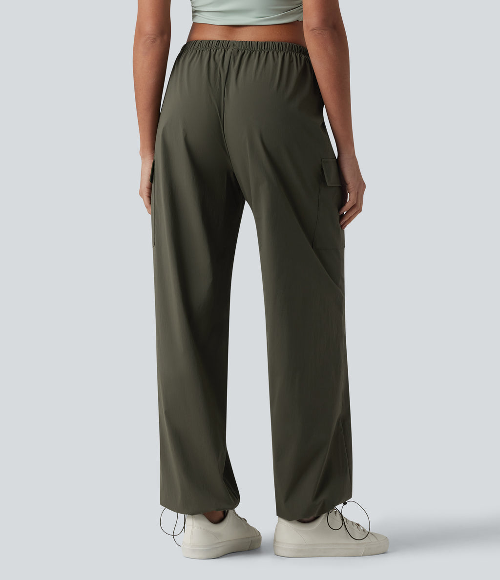 Mid Rise Drawstring Straight Leg Casual Cargo Trousers with Pockets — Forest Night — view 3
