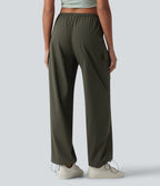 Mid Rise Drawstring Straight Leg Casual Cargo Trousers with Pockets — Forest Night — view 3