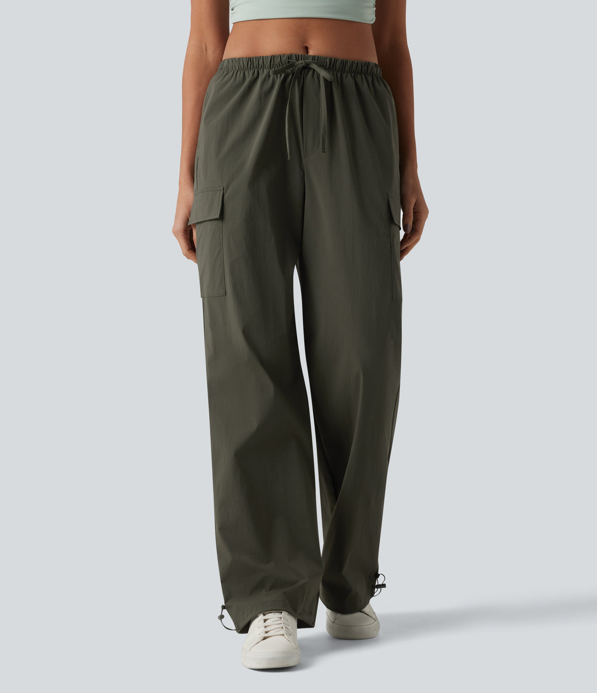 Mid Rise Drawstring Straight Leg Casual Cargo Trousers with Pockets — Forest Night — view 2