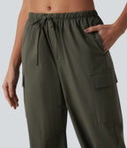 Mid Rise Drawstring Straight Leg Casual Cargo Trousers with Pockets — Forest Night — view 5