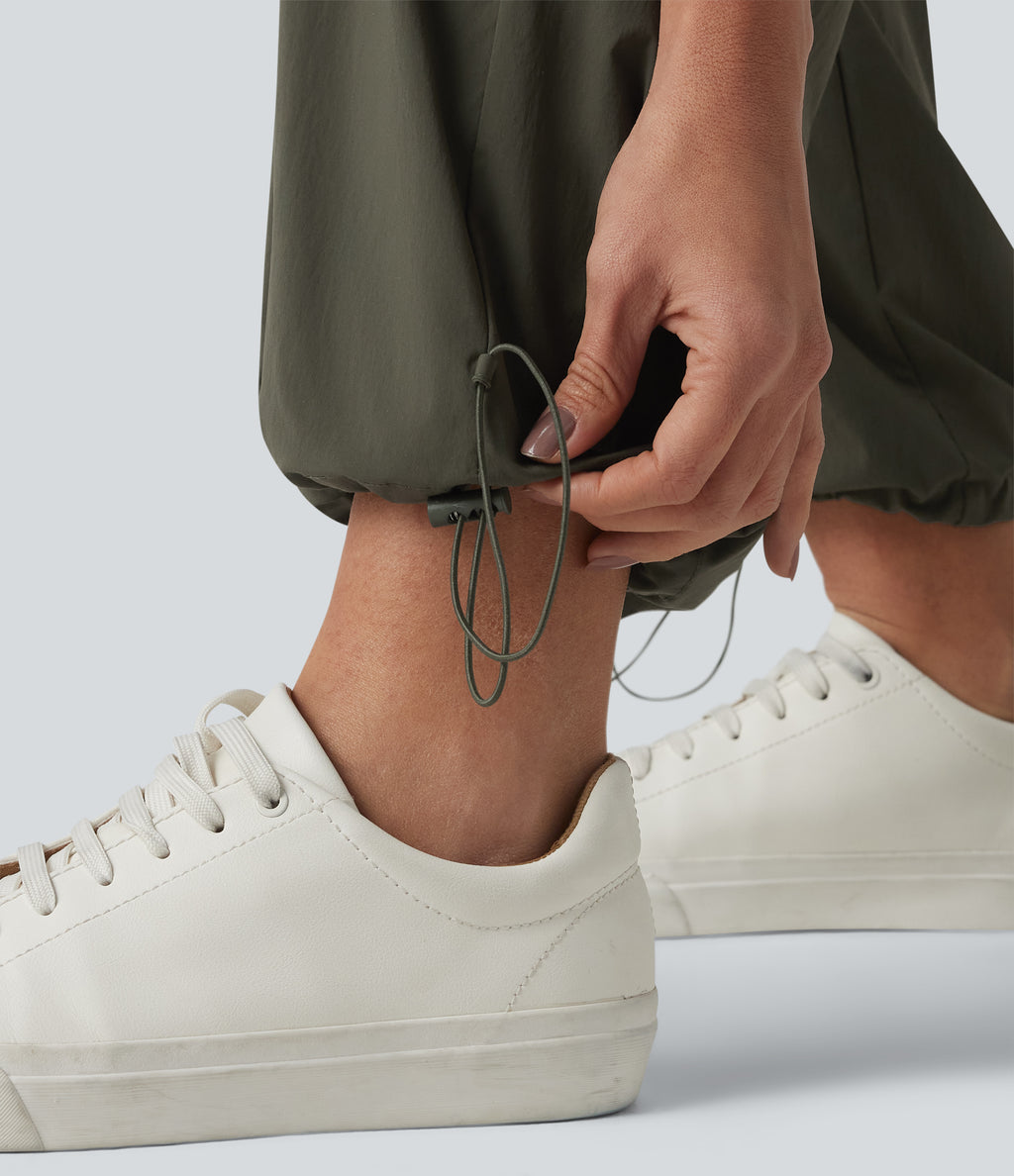 Mid Rise Drawstring Straight Leg Casual Cargo Trousers with Pockets — Forest Night — view 7
