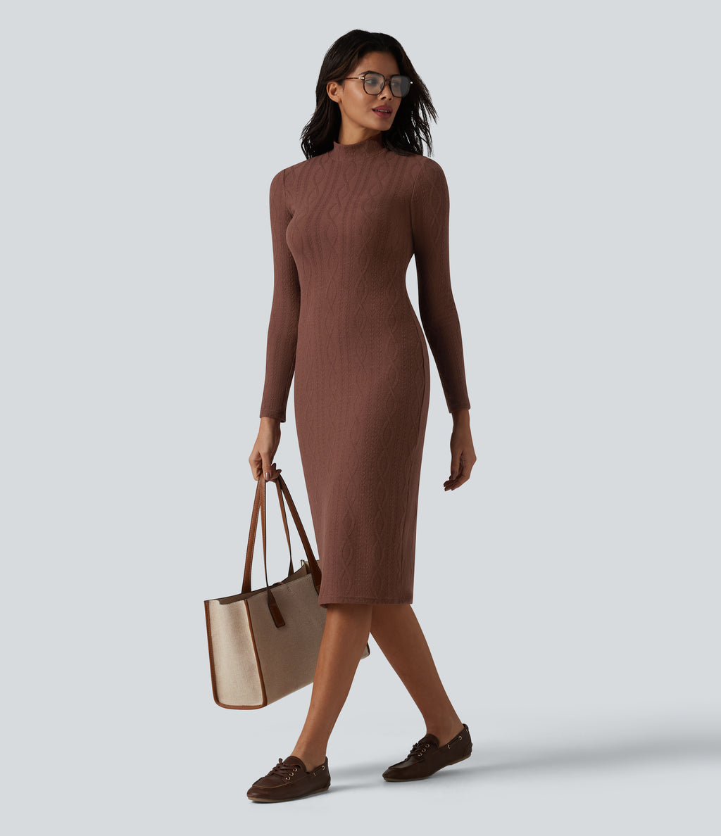 High-neck Long Sleeve Bodycon Midi Cable Knit Work Dress — Root Beer — view 1