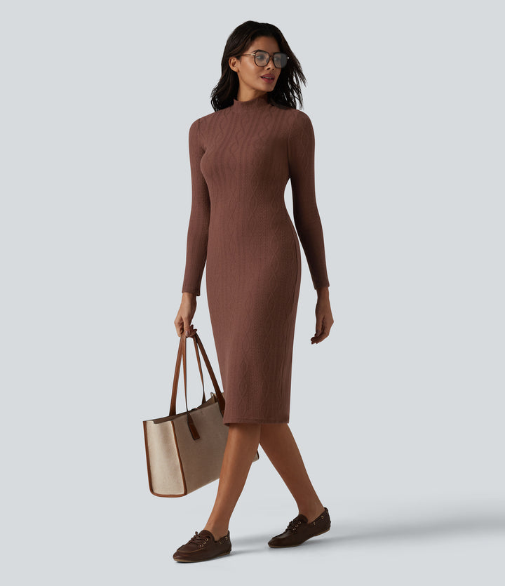 High-neck Long Sleeve Bodycon Midi Cable Knit Work Dress — Root Beer — view 1