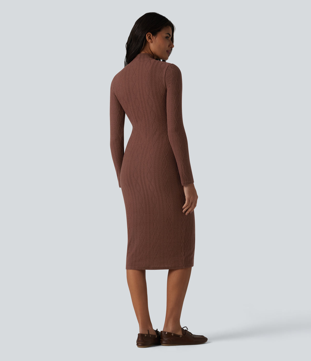 High-neck Long Sleeve Bodycon Midi Cable Knit Work Dress — Root Beer — view 3