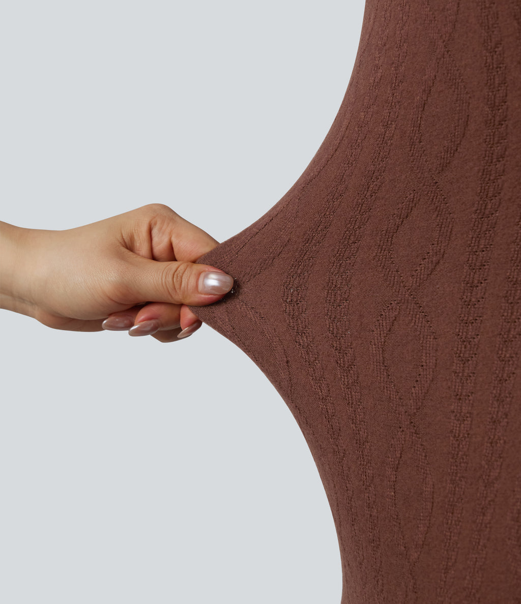 High-neck Long Sleeve Bodycon Midi Cable Knit Work Dress — Root Beer — view 6