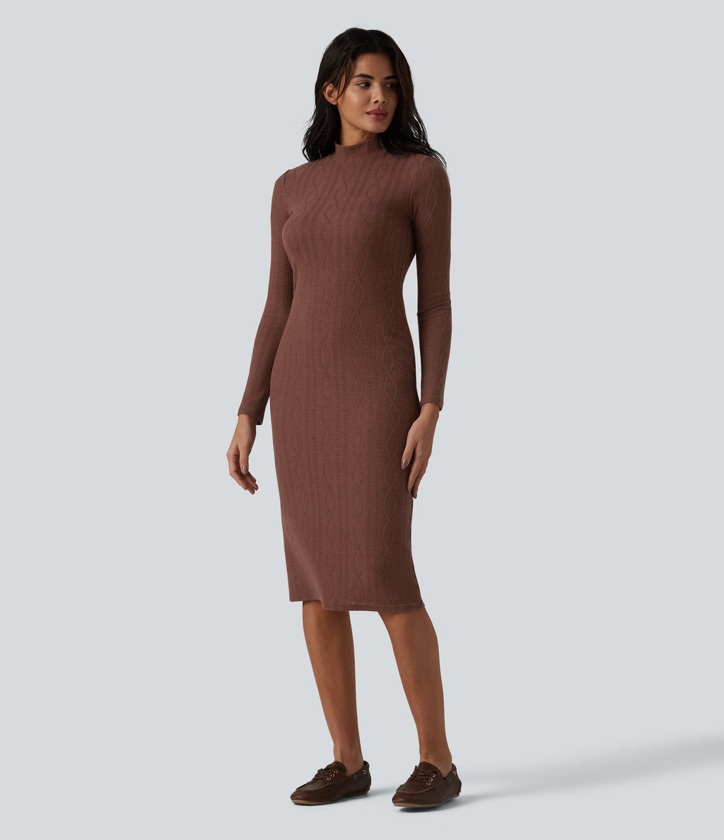 High-neck Long Sleeve Bodycon Midi Cable Knit Work Dress — Root Beer — view 4
