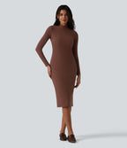 High-neck Long Sleeve Bodycon Midi Cable Knit Work Dress — Root Beer — view 2