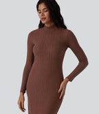 High-neck Long Sleeve Bodycon Midi Cable Knit Work Dress — Root Beer — view 5