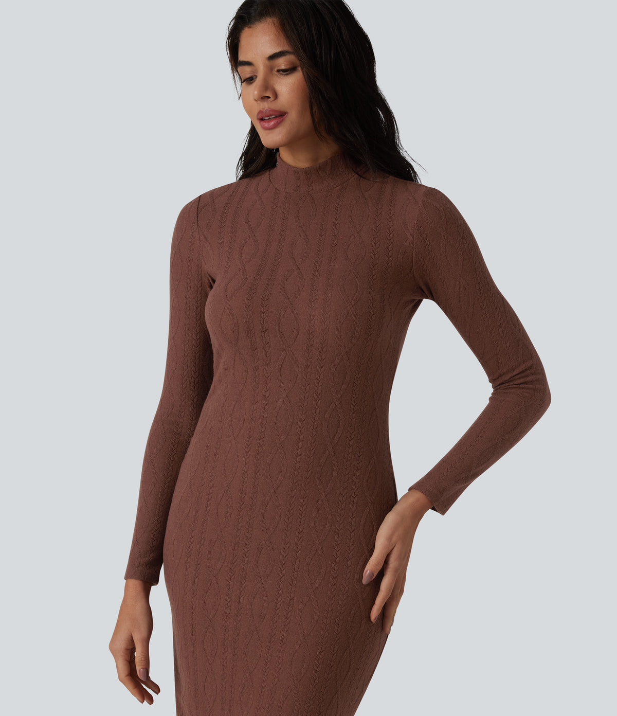 High-neck Long Sleeve Bodycon Midi Cable Knit Work Dress — Root Beer — view 5