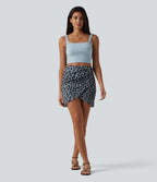 High Waisted Tummy Control Ruched 2-in-1 Mini Leopard Print Waffle Casual Tulip Skirt — Frosted Panther — view 5