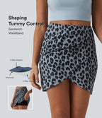 High Waisted Tummy Control Ruched 2-in-1 Mini Leopard Print Waffle Casual Tulip Skirt — Frosted Panther — view 1