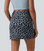 High Waisted Tummy Control Ruched 2-in-1 Mini Leopard Print Waffle Casual Tulip Skirt — Frosted Panther — view 2