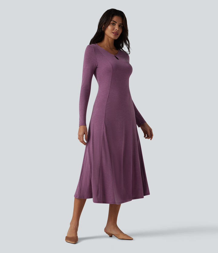 Cut Out Long Sleeve Midi Dress — Red Violet Floral Yarn — view 1