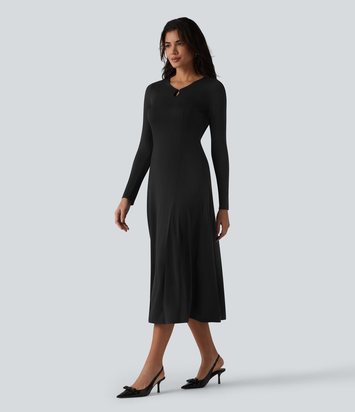 Cut Out Long Sleeve Midi Dress — Black — view 6