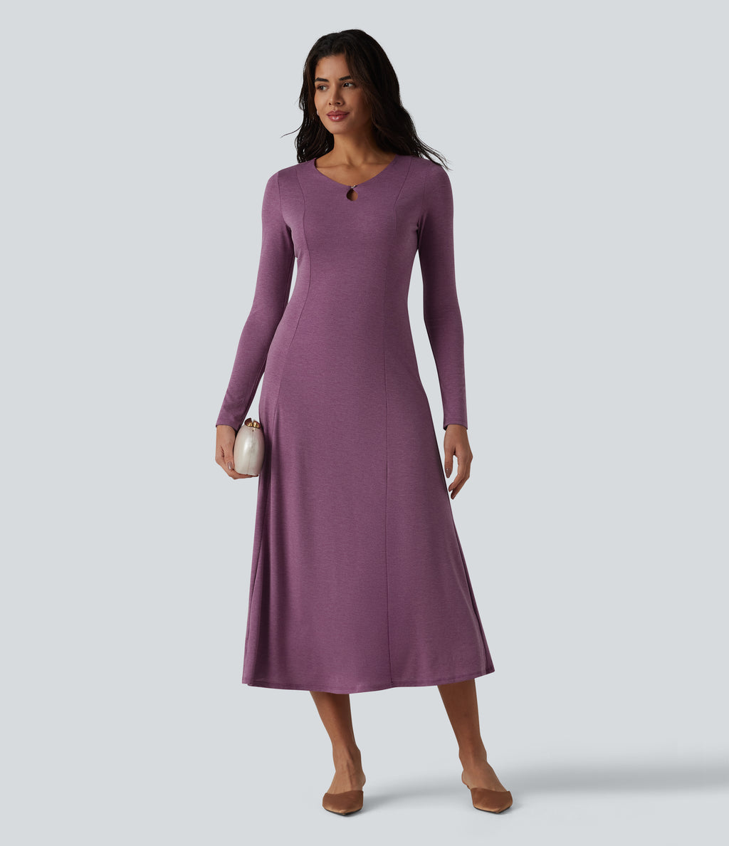 Cut Out Long Sleeve Midi Dress — Red Violet Floral Yarn — view 5