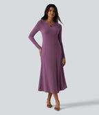 Cut Out Long Sleeve Midi Dress — Red Violet Floral Yarn — view 3