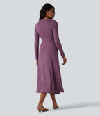 Cut Out Long Sleeve Midi Dress — Red Violet Floral Yarn — view 2