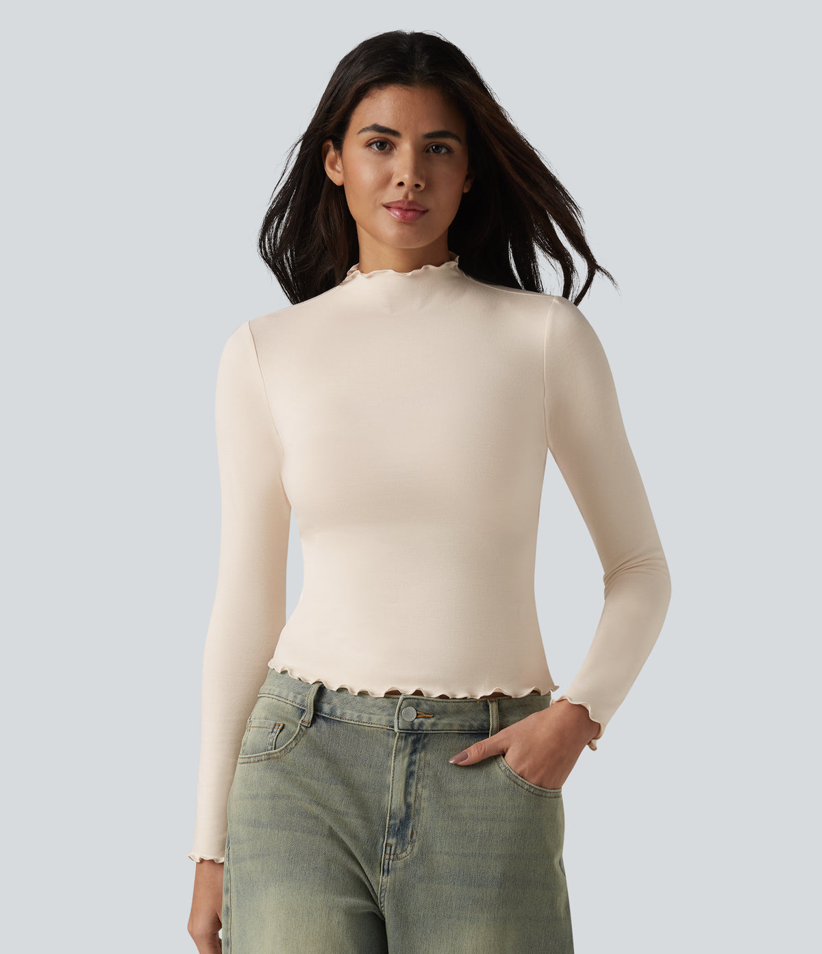 HeatCore Mock-neck Long Sleeve Lettuce Trim Casual Warming Top — Whitecap Gray — view 5