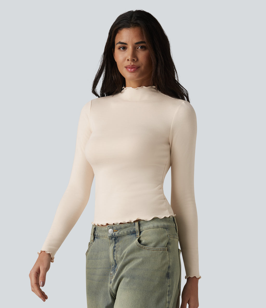 HeatCore Mock-neck Long Sleeve Lettuce Trim Casual Warming Top — Whitecap Gray — view 4