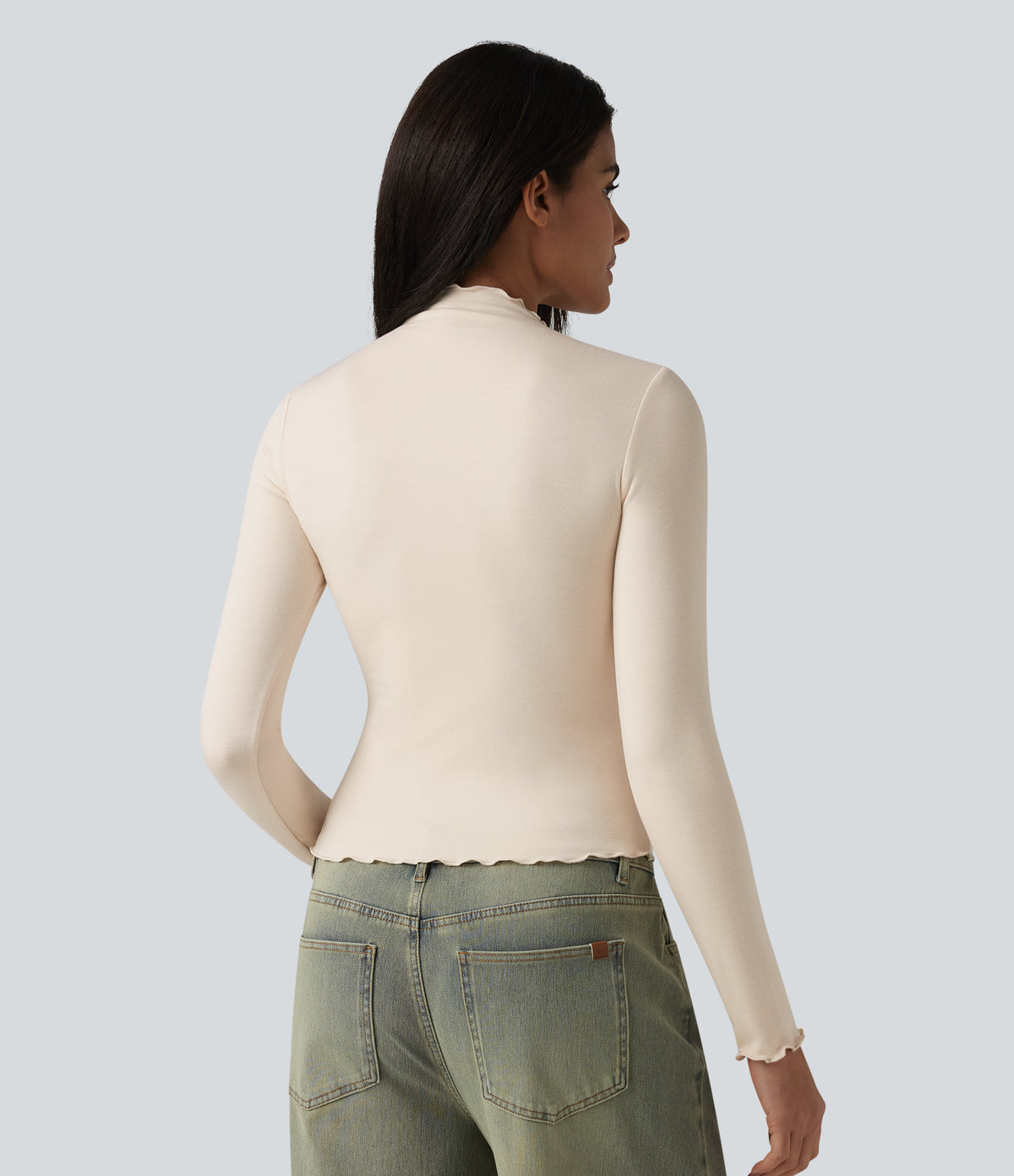 HeatCore Mock-neck Long Sleeve Lettuce Trim Casual Warming Top — Whitecap Gray — view 3