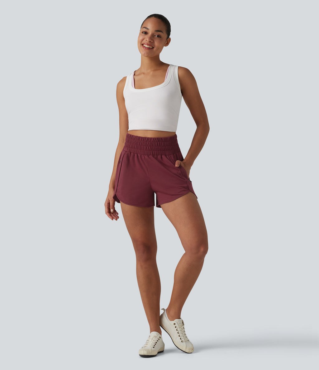 High Waisted Curved Hem Casual Sweat Shorts 3'' with Pockets — Pomegranate — view 6