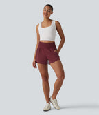High Waisted Curved Hem Casual Sweat Shorts 3'' with Pockets — Pomegranate — view 6