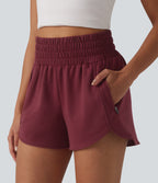 High Waisted Curved Hem Casual Sweat Shorts 3'' with Pockets — Pomegranate — view 4