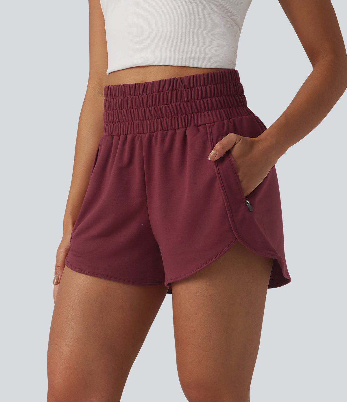 High Waisted Curved Hem Casual Sweat Shorts 3'' with Pockets — Pomegranate — view 1