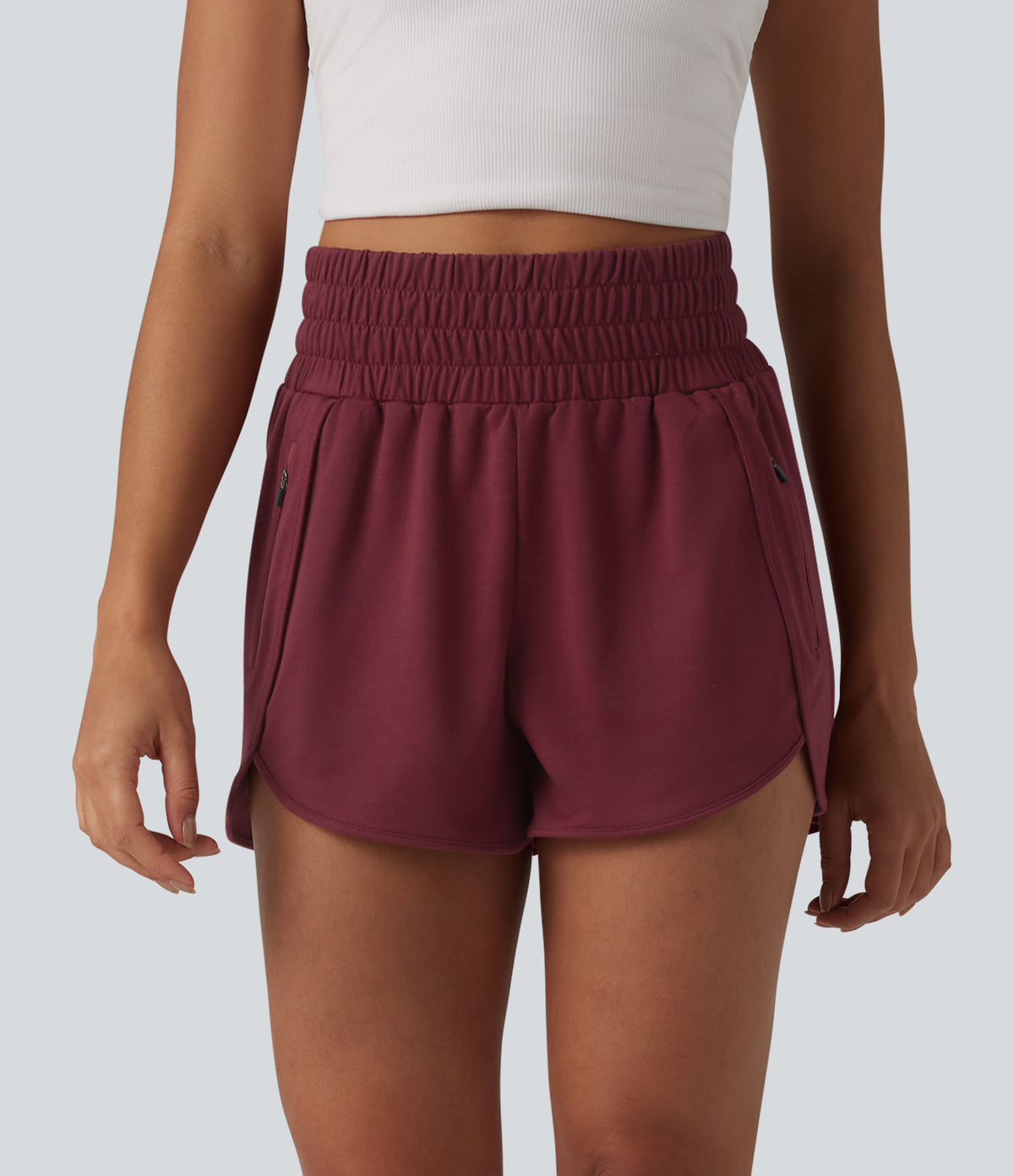 High Waisted Curved Hem Casual Sweat Shorts 3'' with Pockets — Pomegranate — view 3