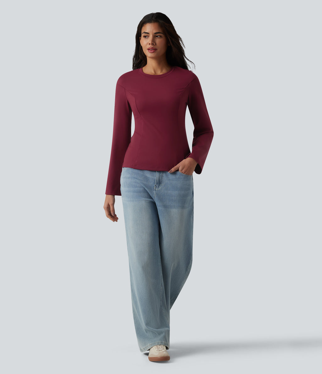 Round Neck Bell Long Sleeve Casual Top — Deep Wine — view 5
