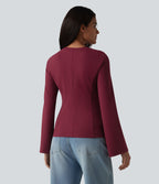 Round Neck Bell Long Sleeve Casual Top — Deep Wine — view 2