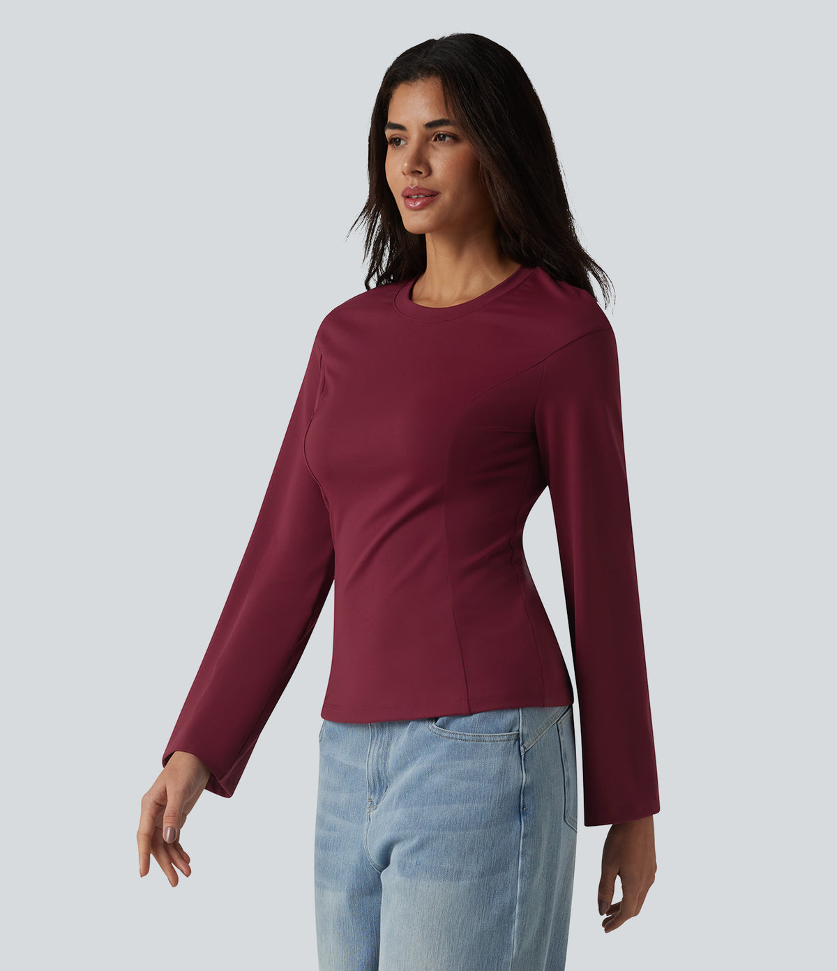 Round Neck Bell Long Sleeve Casual Top — Deep Wine — view 4