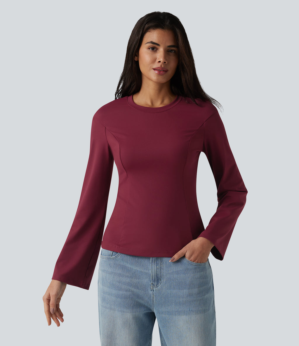 Round Neck Bell Long Sleeve Casual Top — Deep Wine — view 3