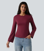 Round Neck Bell Long Sleeve Casual Top — Deep Wine — view 3