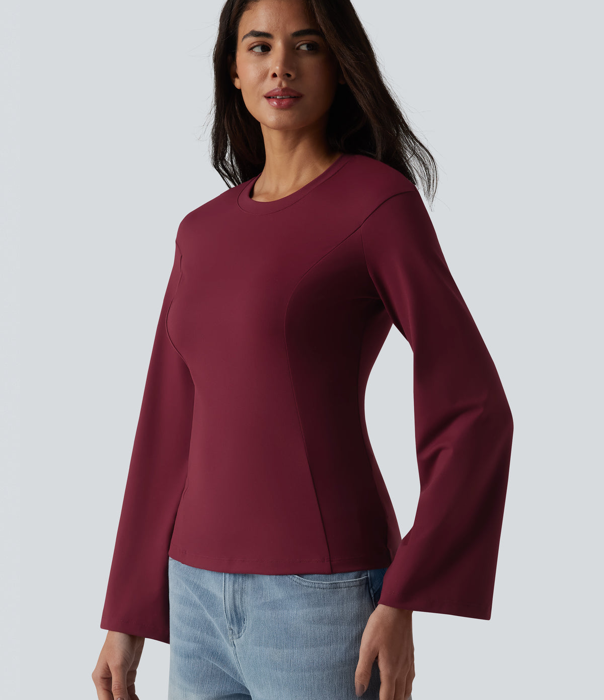 Round Neck Bell Long Sleeve Casual Top — Deep Wine — view 1