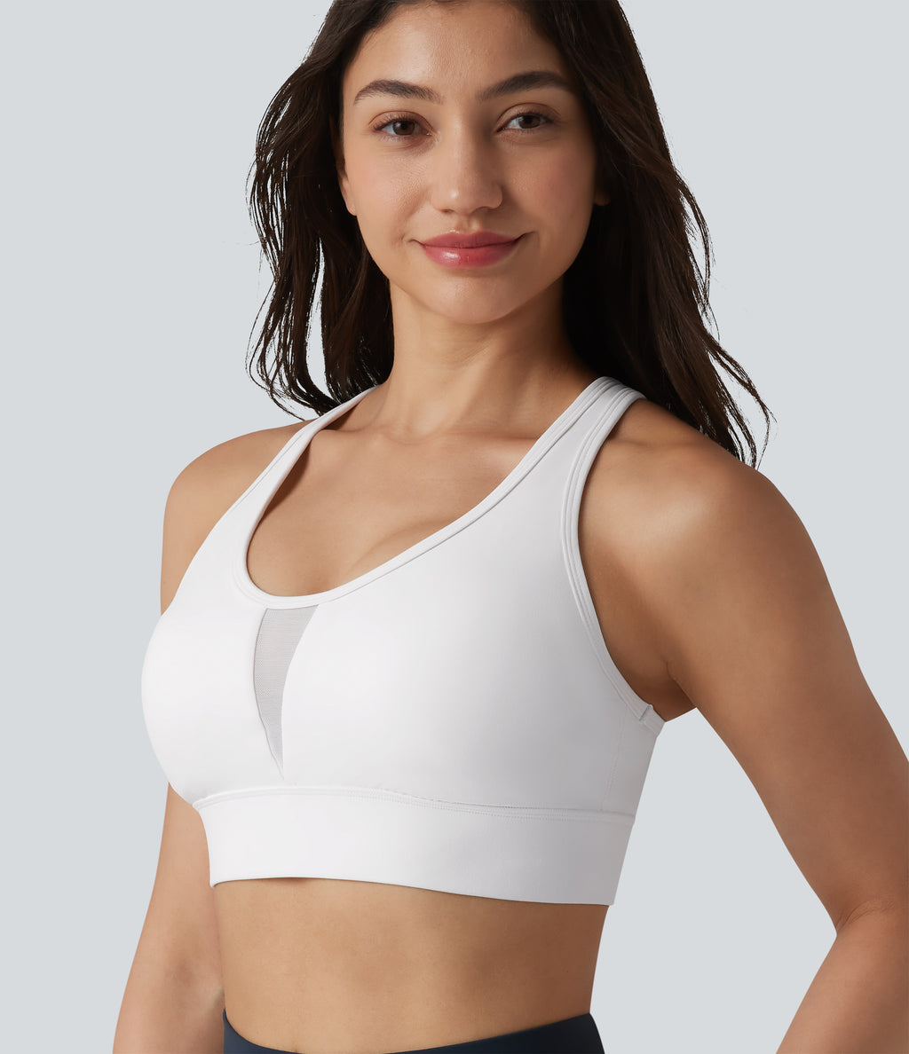 Medium Support Racerback Adjustable Buckle Breathable Mesh Built-in Bra Training Sports Bra — White — view 5