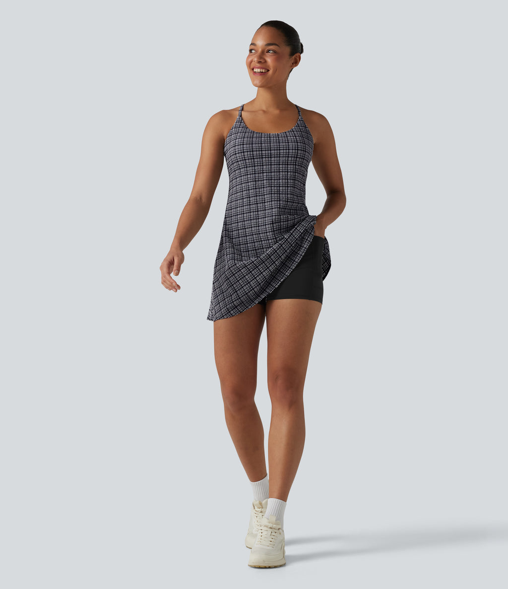 2-in-1 Plaid Crinkle Quick Dry Mini Tennis Active Dress with Pockets-Edition — Ink-Snow Weave Plaid — view 8