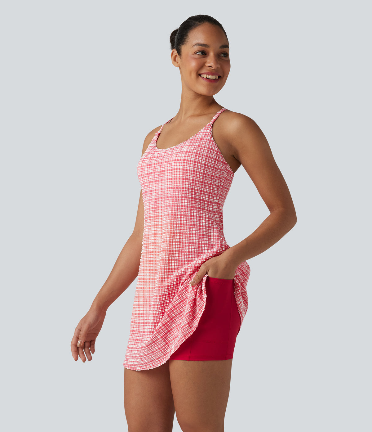 2-in-1 Plaid Crinkle Quick Dry Mini Tennis Active Dress with Pockets-Edition — Crimson Snow Weave Plaid — view 9