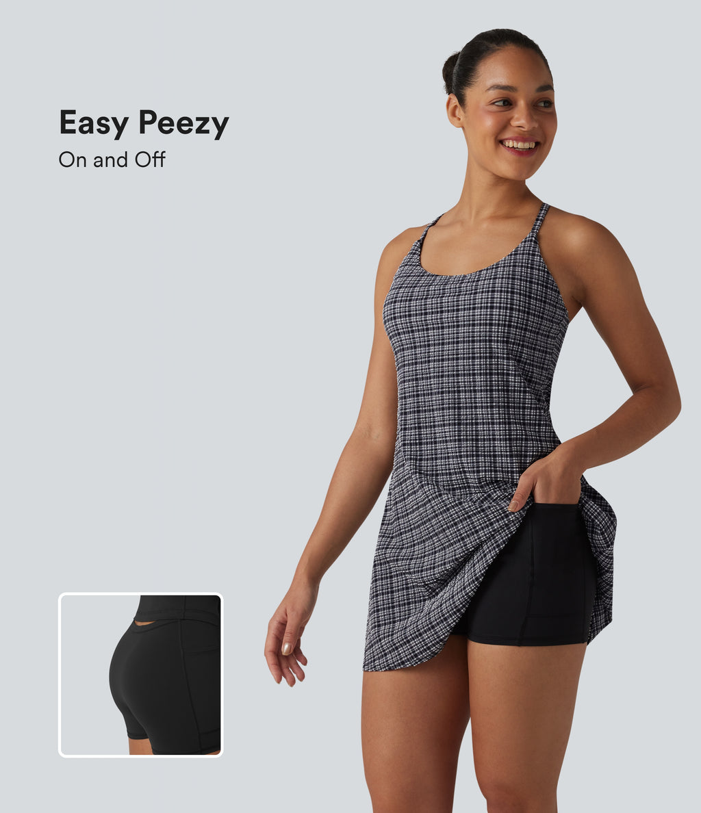 2-in-1 Plaid Crinkle Quick Dry Mini Tennis Active Dress with Pockets-Edition — Ink-Snow Weave Plaid — view 1