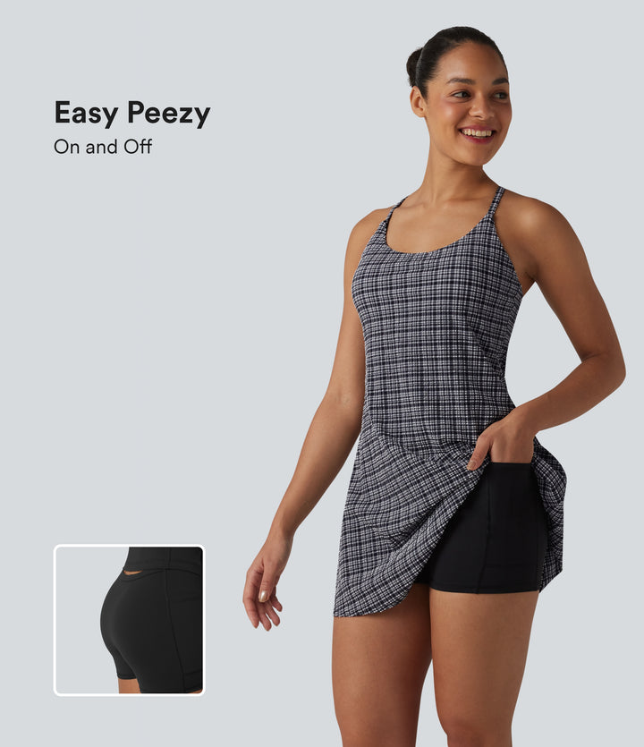 2-in-1 Plaid Crinkle Quick Dry Mini Tennis Active Dress with Pockets-Edition — Ink-Snow Weave Plaid — view 1