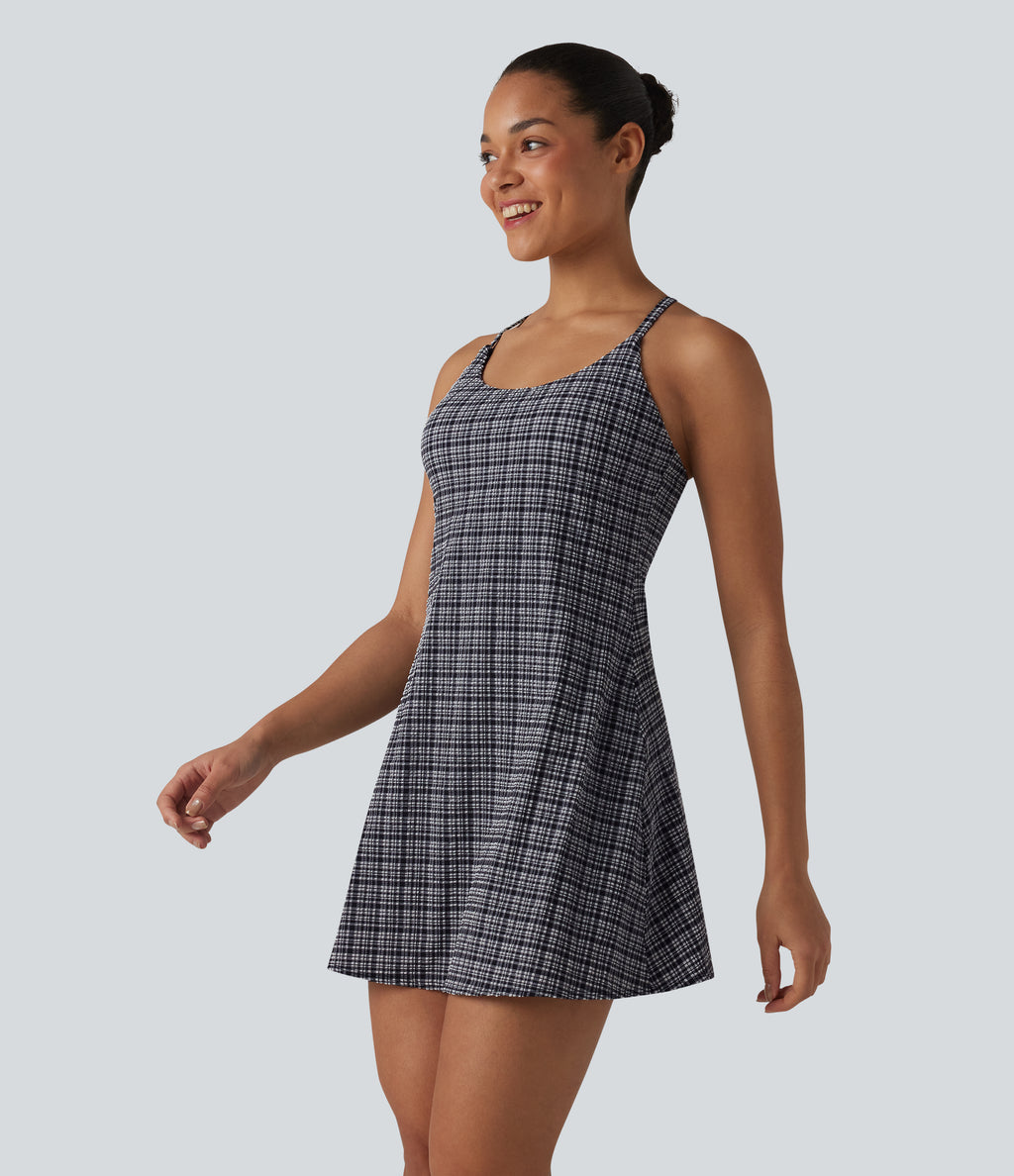 2-in-1 Plaid Crinkle Quick Dry Mini Tennis Active Dress with Pockets-Edition — Ink-Snow Weave Plaid — view 4