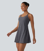 2-in-1 Plaid Crinkle Quick Dry Mini Tennis Active Dress with Pockets-Edition — Ink-Snow Weave Plaid — view 4