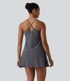 2-in-1 Plaid Crinkle Quick Dry Mini Tennis Active Dress with Pockets-Edition — Ink-Snow Weave Plaid — view 2