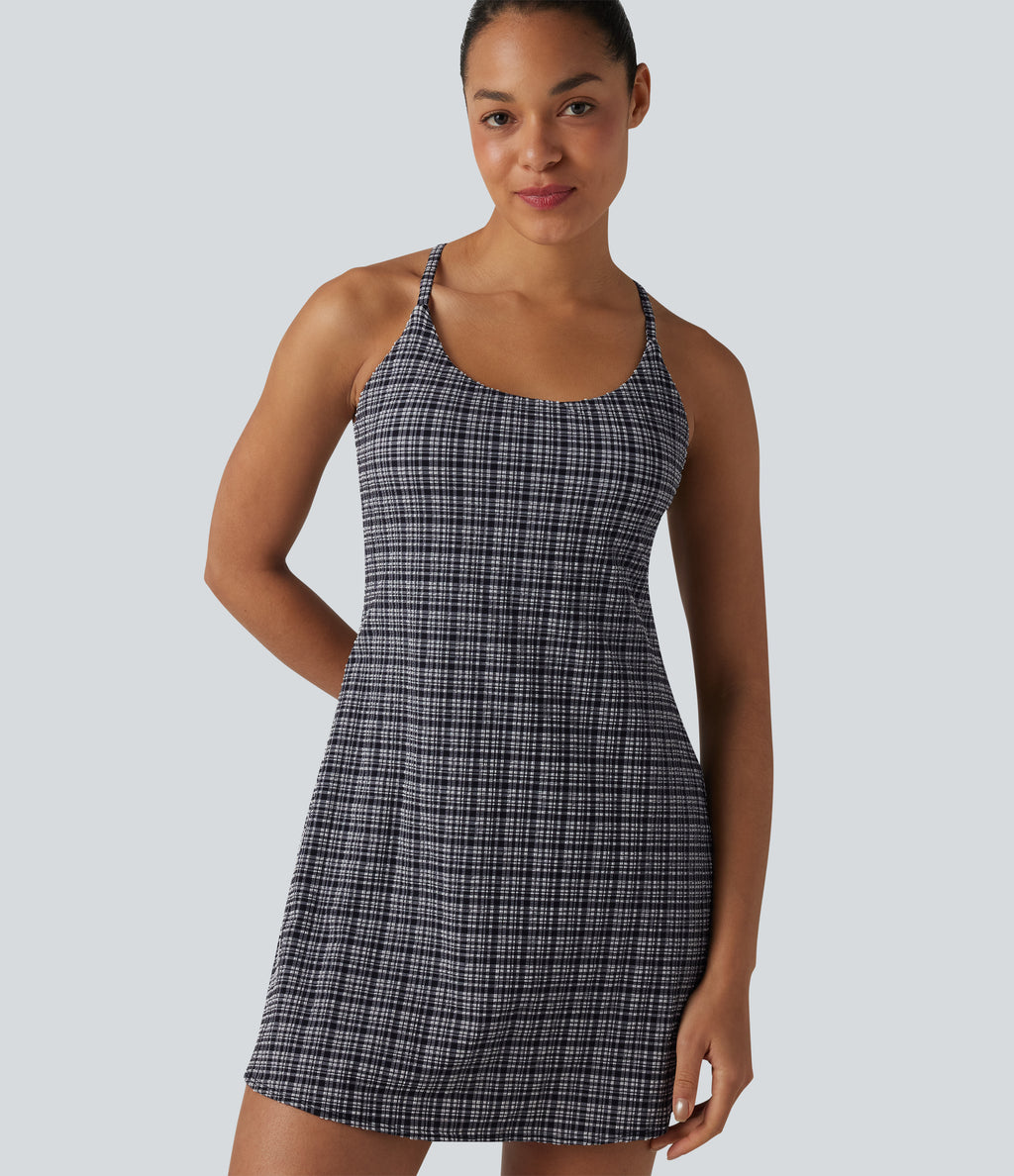 2-in-1 Plaid Crinkle Quick Dry Mini Tennis Active Dress with Pockets-Edition — Ink-Snow Weave Plaid — view 7