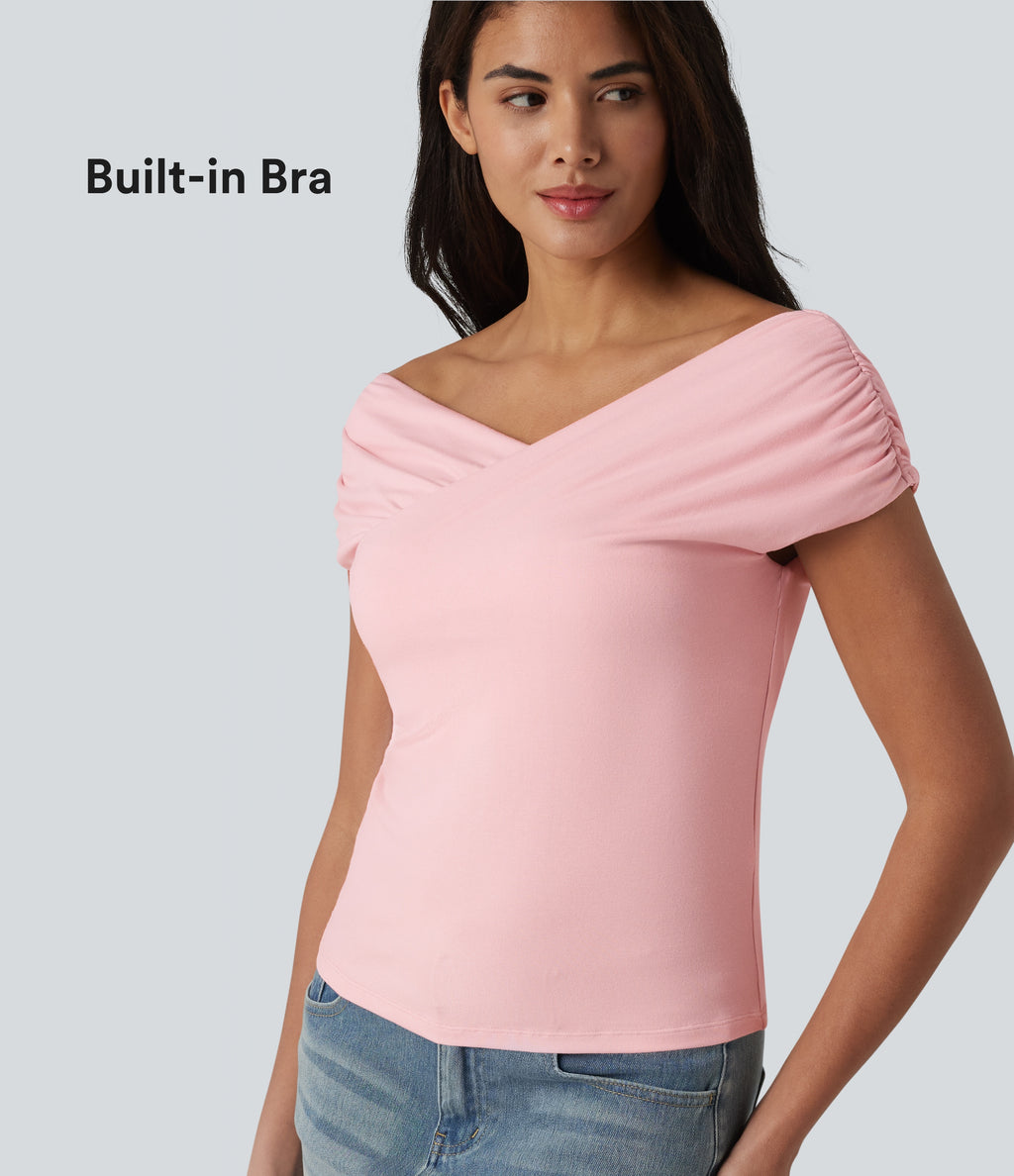 Ribbed Knit Built-in Bra Short Sleeve Casual T-Shirt — Veiled Pink — view 1