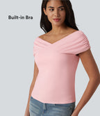 Ribbed Knit Built-in Bra Short Sleeve Casual T-Shirt — Veiled Pink — view 1