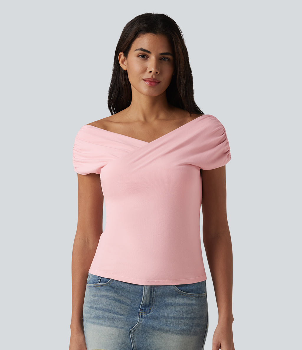Ribbed Knit Built-in Bra Short Sleeve Casual T-Shirt — Veiled Pink — view 3