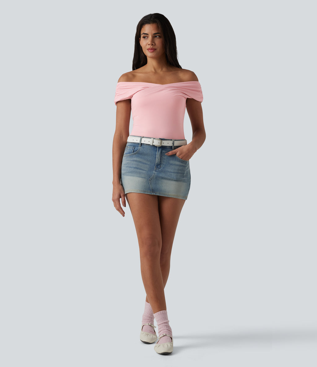 Ribbed Knit Built-in Bra Short Sleeve Casual T-Shirt — Veiled Pink — view 5