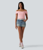 Ribbed Knit Built-in Bra Short Sleeve Casual T-Shirt — Veiled Pink — view 5